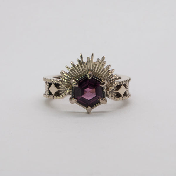 Halo & Hurt - The Erte Ring (Pink Hex Cut Spinel in 9ct Wihte Gold)