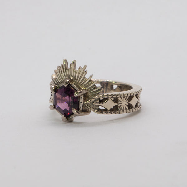 Halo & Hurt - The Erte Ring (Pink Hex Cut Spinel in 9ct Wihte Gold)