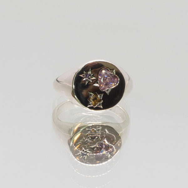 Une - Bespoke - Signet with heart shaped pink cubic zirconia, citrine and amethyst