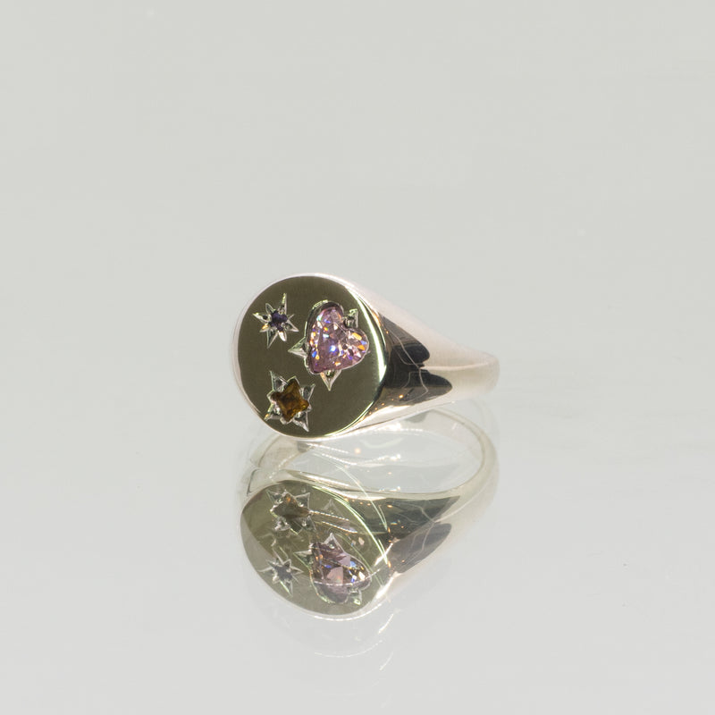Une - Bespoke - Signet with heart shaped pink cubic zirconia, citrine and amethyst