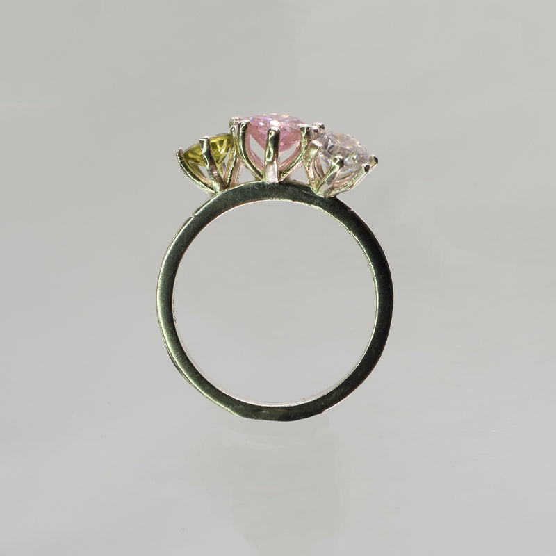 Une - Pink Cubic Zirconia, Peridot and Clear Cubic Zirconia Triad Ring
