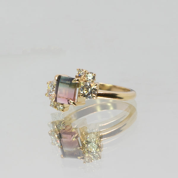 Une - Bespoke - 14k Yellow Gold Blue and Pink Tourmaline with Diamonds ring