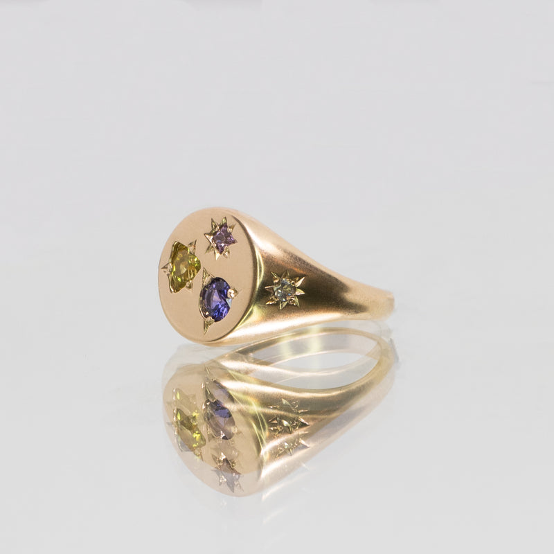 Une - Bespoke - Gold Signet #5 with Pink Tourmaline, Purple Sapphire and Yellow Sapphire