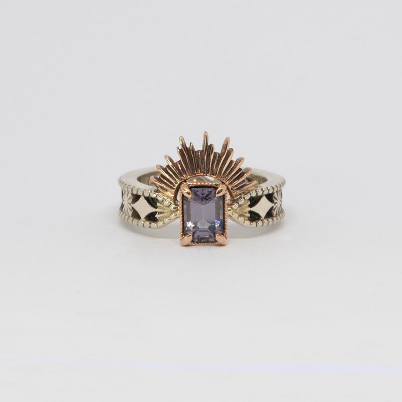 Halo & Hurt - The Erté Ring - Emerald Cut Lavender Spinel in 9ct White and Rose Gold