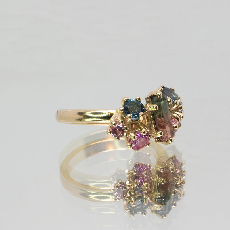 Une - Bespoke - Cluster ring with Blue and Pink Tourmaline with pink tourmaline and topaz