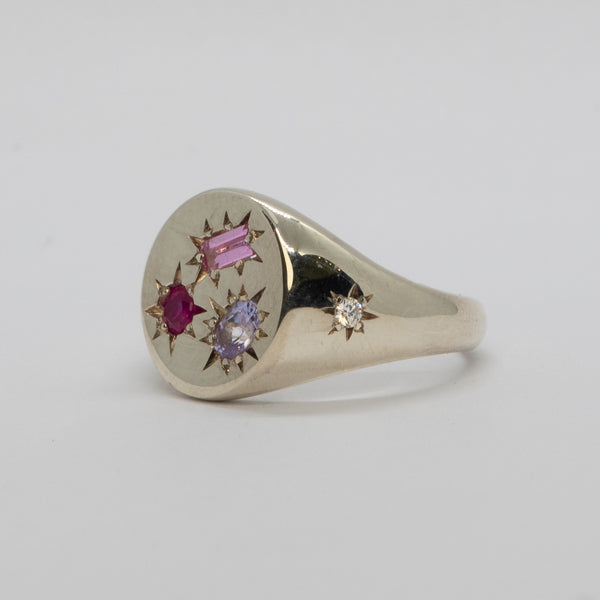 Halo & Hurt - Aurora Signet - 9ct White Gold with Ruby, Diamond and Sapphires