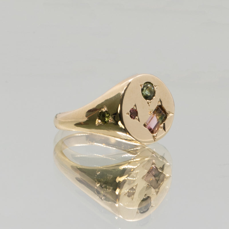 une. Bespoke - Signet #5 with scattered watermelon tourmalines