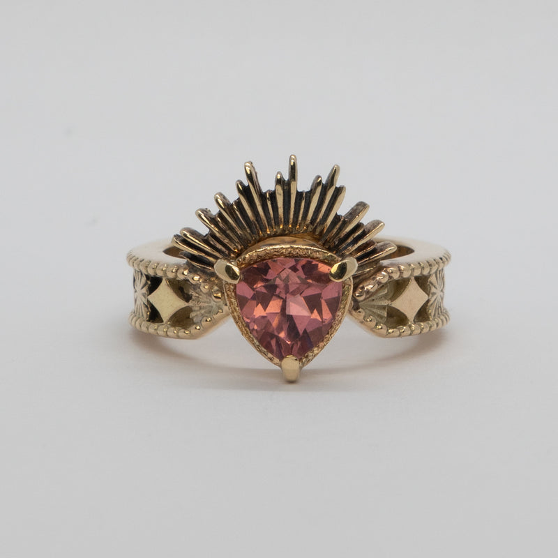 Halo & Hurt - The Erte Ring - 9ct Yellow Gold with Pink Trillion Tourmaline